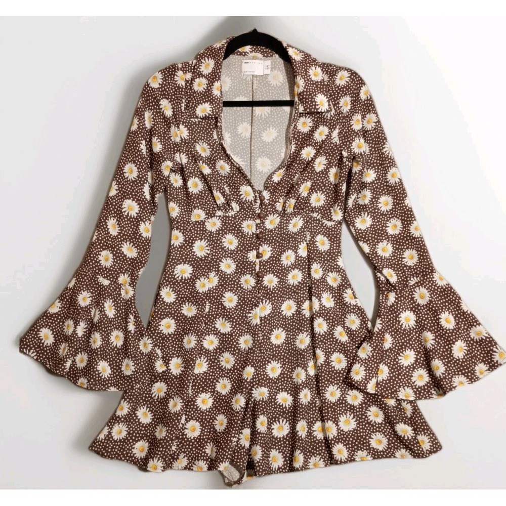 Asos Design Made In Morocco Romper Brown Daisy Print‎ Long Bell Sleeves Sz 6